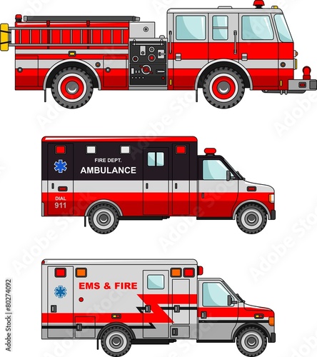 Fire truck and ambulance cars isolated on white background in