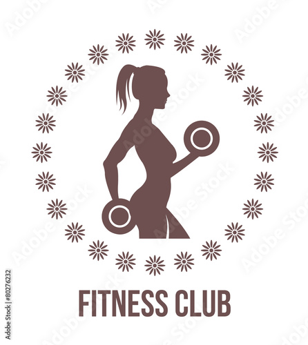 Fitness logo with woman silhouette.Woman holds dumbbells.
