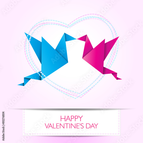 Two kissing origami birds. Love card concept Happy Valentines Da