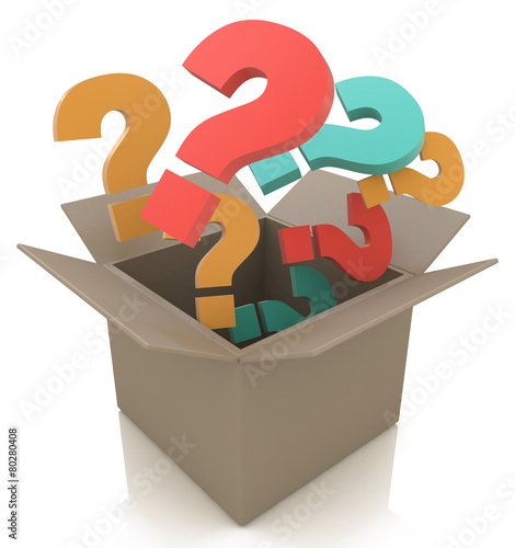 Open box with colour questions. Isolated 3D image