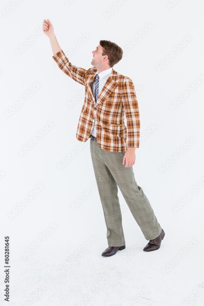 Geeky hipster with hand up Geeky hipster with hand up