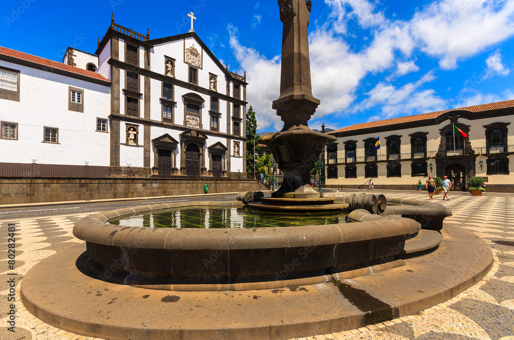 Square with historic buildings in Funchal city, Madeira island