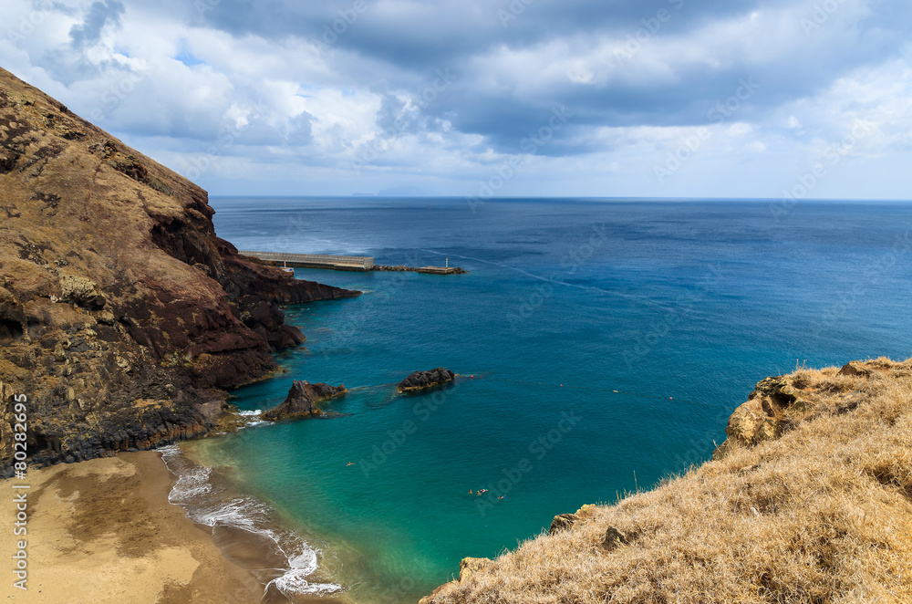 Tropical Prainha beach on coast of Madeira island, Portugal