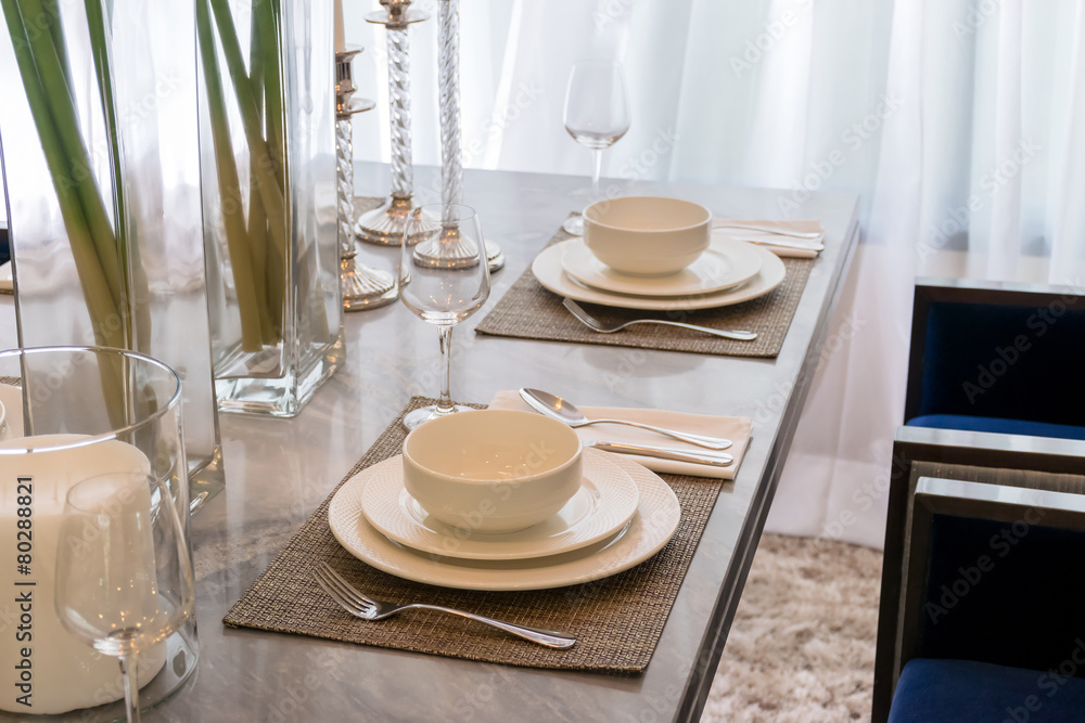 Ceramic tableware on the marble worktop Ceramic tableware on the marble worktop