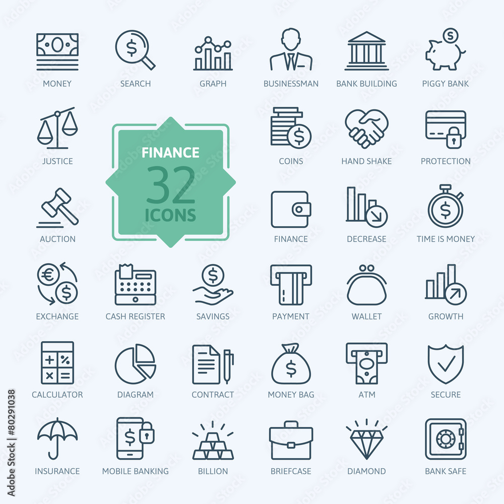 Outline web icon set - money, finance, payments