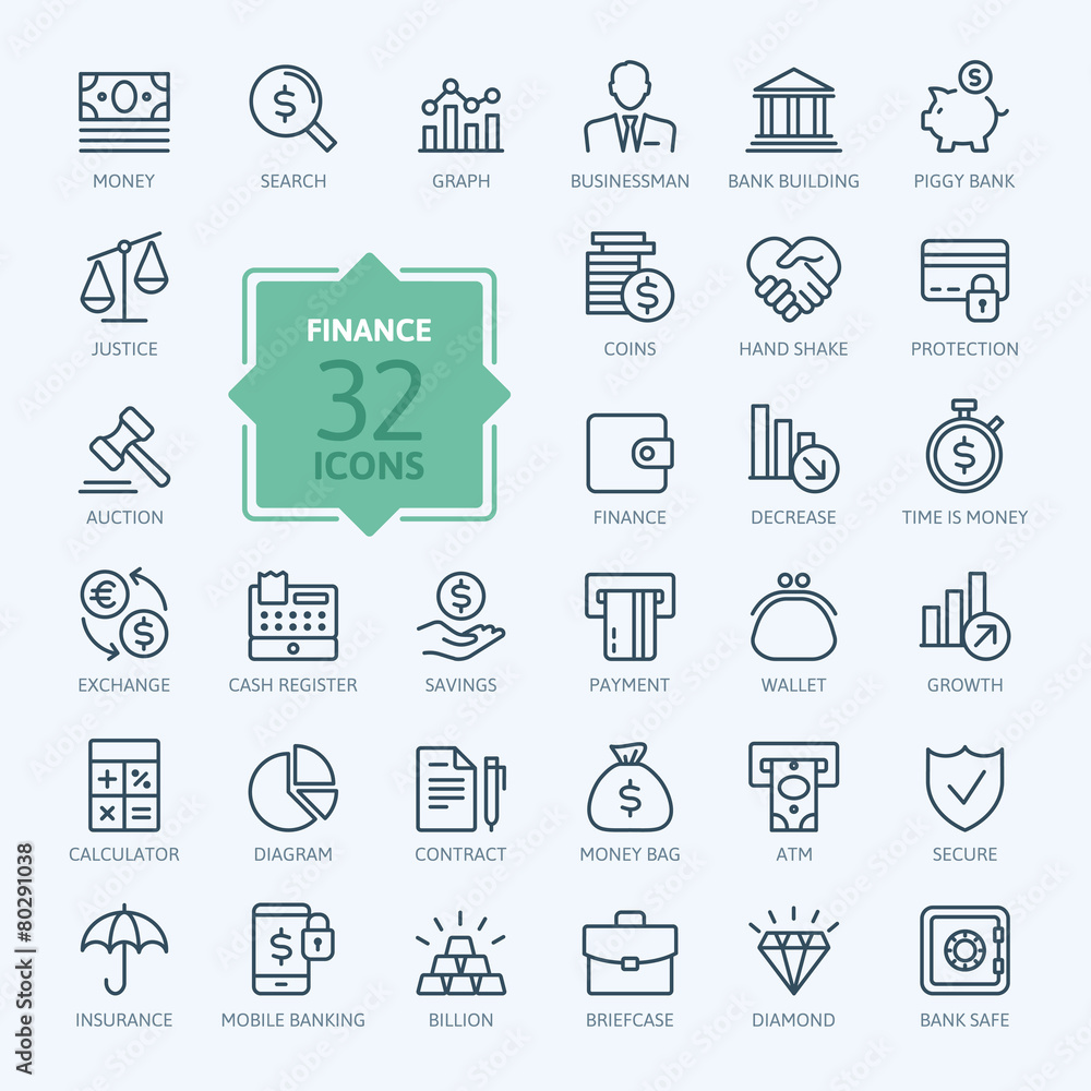Outline web icon set - money, finance, payments Outline web icon set - money, finance, payments