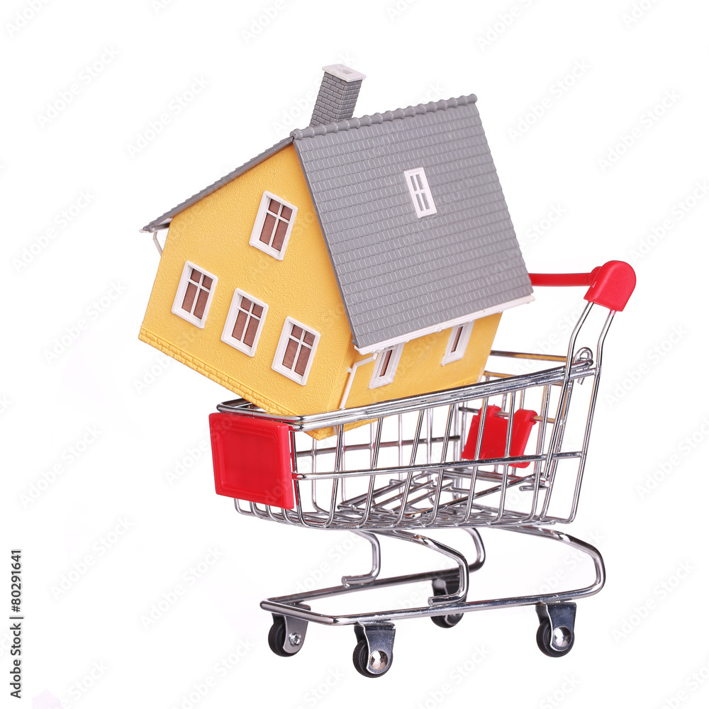 House in shopping cart isolated. Mortgage concept