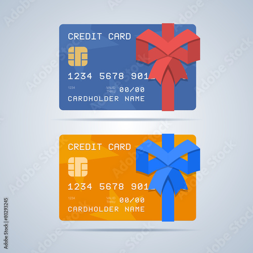Wrapped gift credit card with ribbon in flat style.