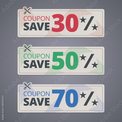 Scissors cutting coupons with discounts.
