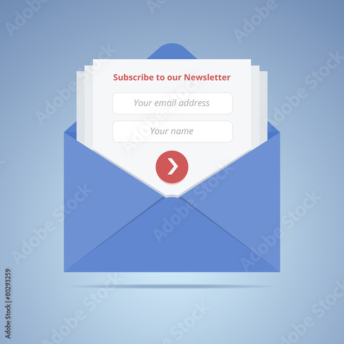 Blue envelope with subscription form in flat style for email mar