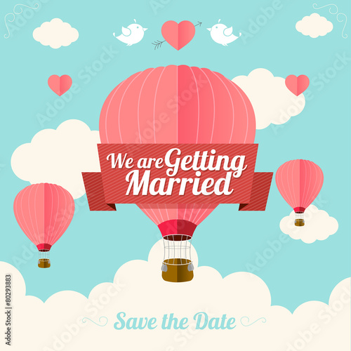 Vector. Pink hotair ballons fly with clouds.  Wedding card. Flat