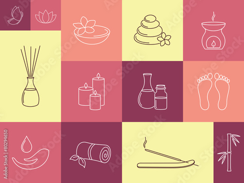 Linear icons for SPA, ayurveda, beauty treatment and health care