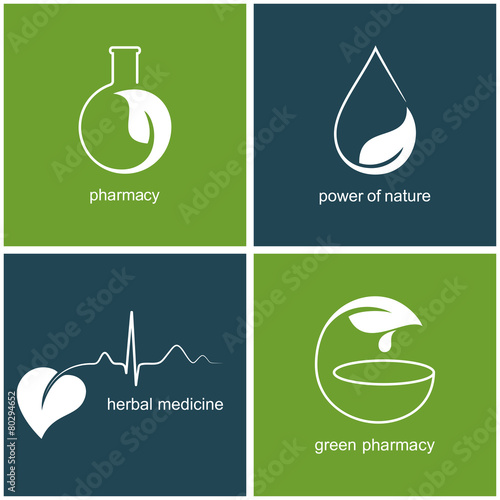 Set of icons with leaves for green pharmacy and herbal medicine