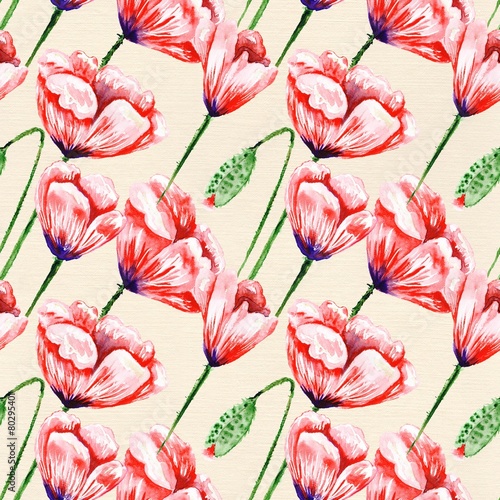 Vintage poppy pattern on linen watercolor paper