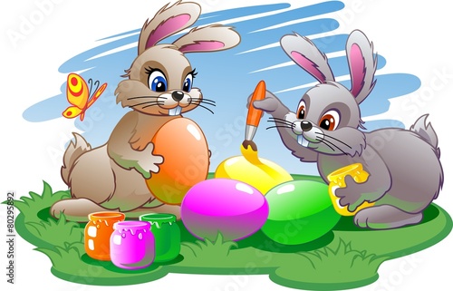 Easter bunnies paint eggs