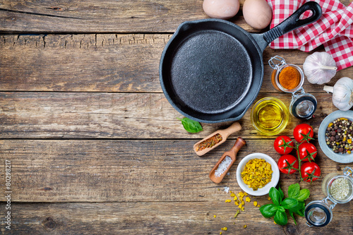Ingredients for cooking and cast iron skillet
