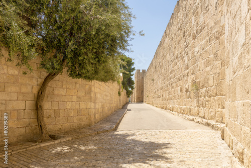 narrow streets of old Jerusalem. Stone houses and arches