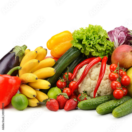 assortment fresh fruits and vegetables on white