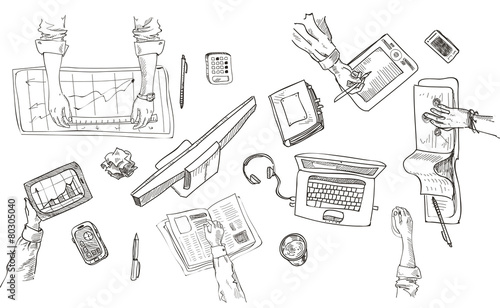 Teamwork, top view people hands sketch hand drawn doodle office