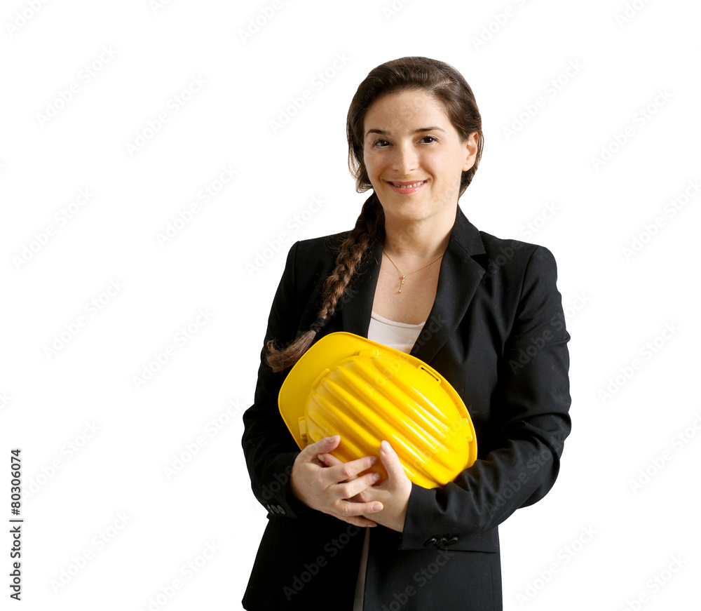 smiling female enginer with helmet over white background smiling female enginer with helmet over white background