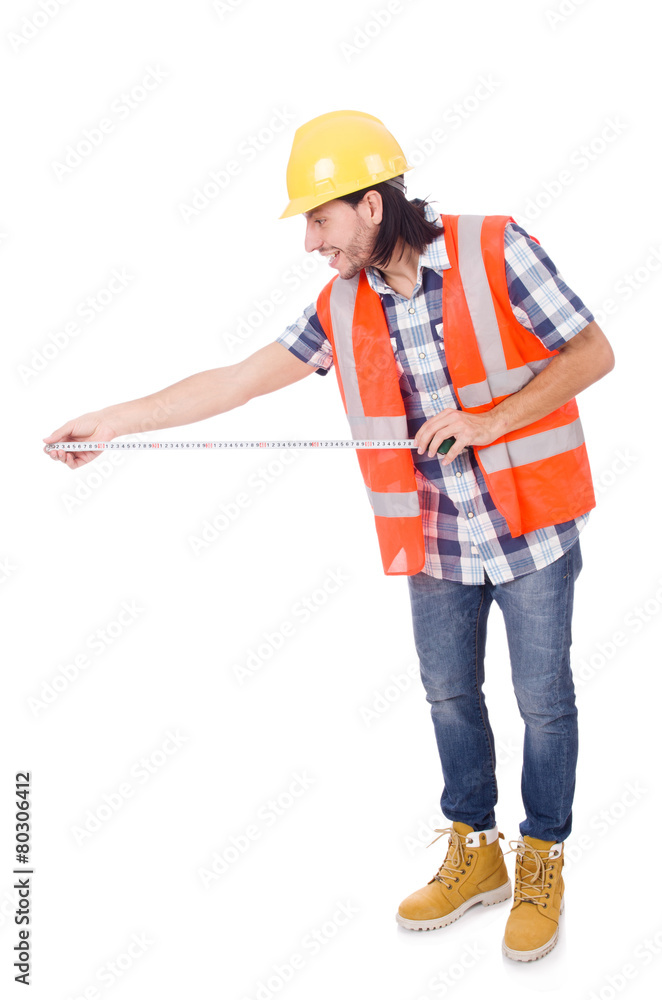 Funny construction worker with tape-line isolated on white