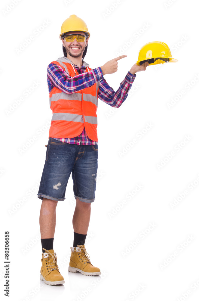 Young construction worker in helmet and briefs isolated on white Young construction worker in helmet and briefs isolated on white