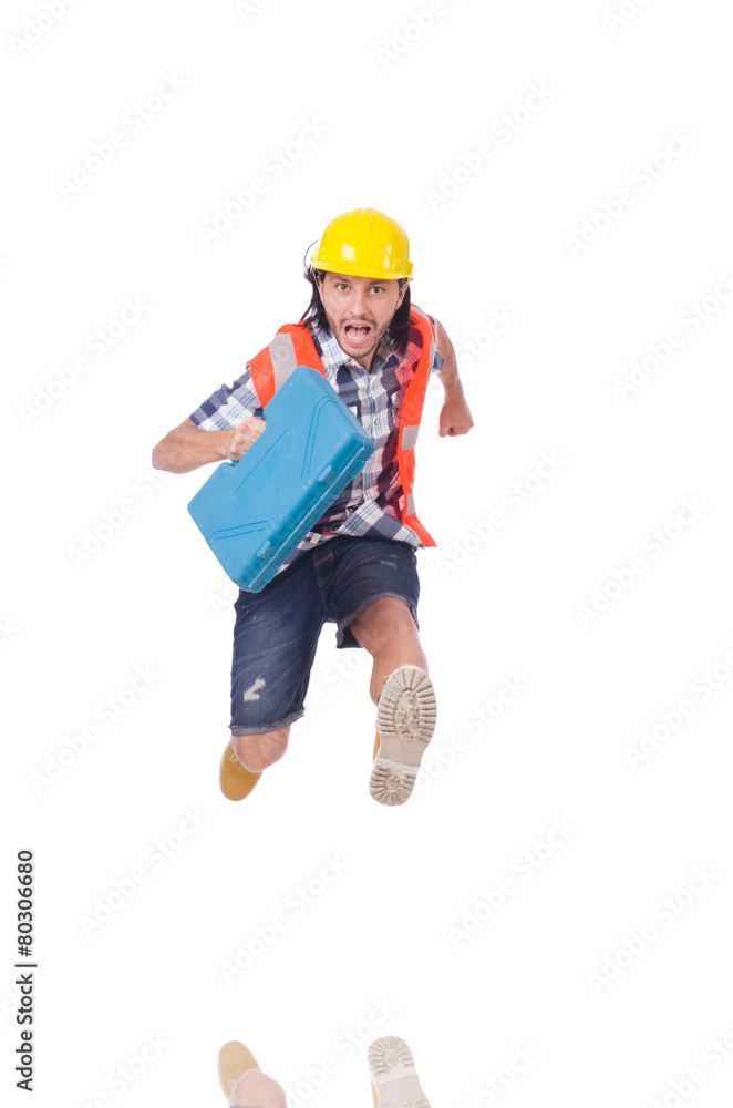 Running young builder with toolbox isolated on white Running young builder with toolbox isolated on white