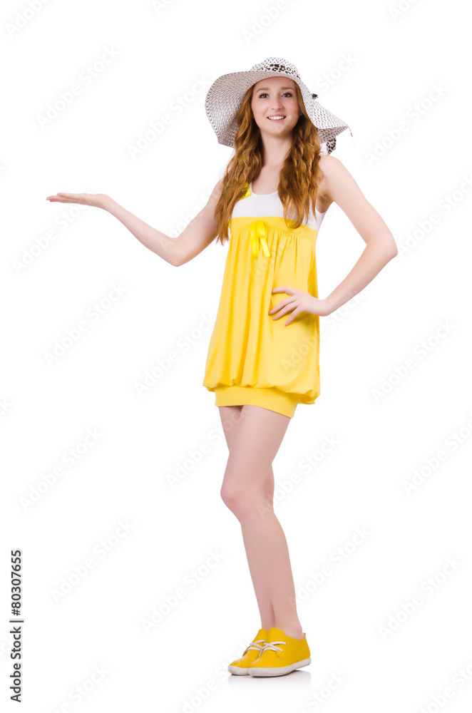 Young woman in yellow summer dress isolated on white Young woman in yellow summer dress isolated on white