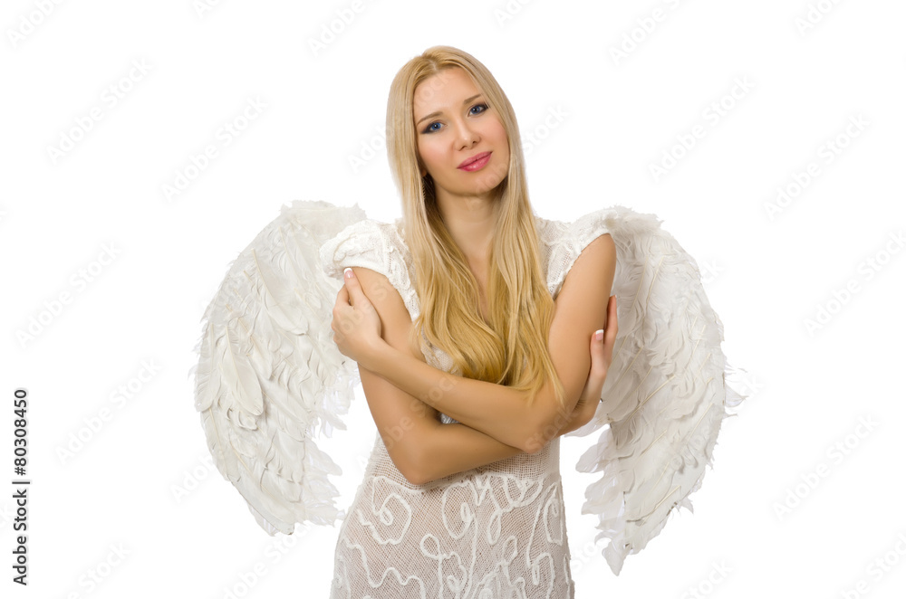 Woman with angel wings isolated on white Woman with angel wings isolated on white