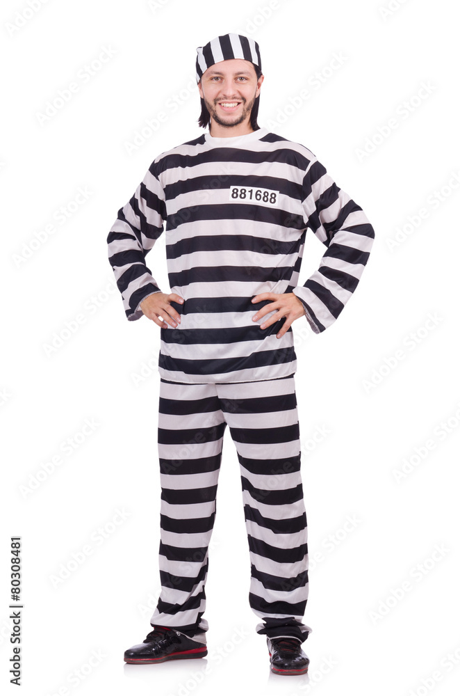 Convict criminal in striped uniform isolated on white Convict criminal in striped uniform isolated on white