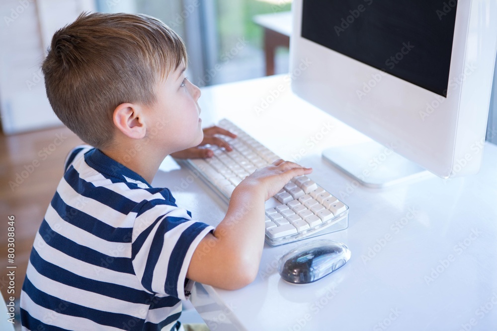 Little boy using computer in the living room Little boy using computer in the living room