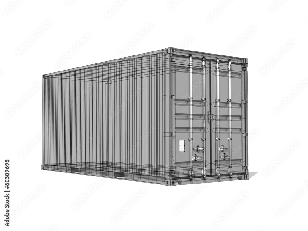 Gray cargo container, digital 3d render with wireframe lines Gray cargo container, digital 3d render with wireframe lines