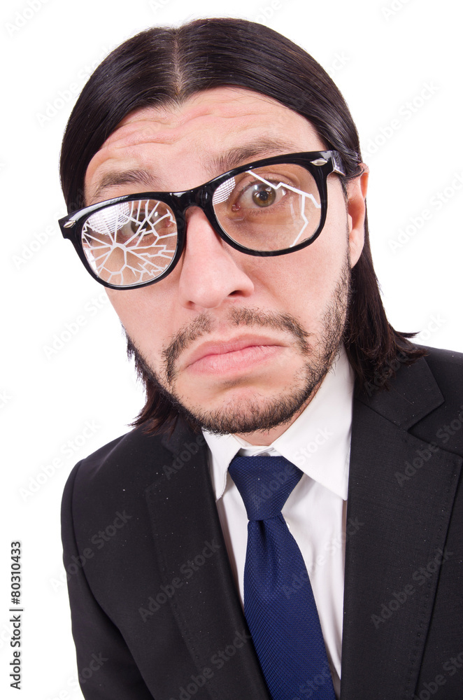 Businessman with broken eye glasses isolated on white