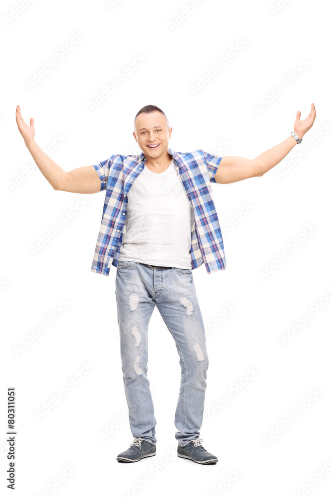 Casual young man, smiling and gesturing with his hands Casual young man, smiling and gesturing with his hands