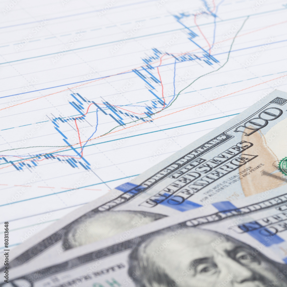 Stock market graph with hundred dollars banknote - studio shot Stock market graph with hundred dollars banknote - studio shot