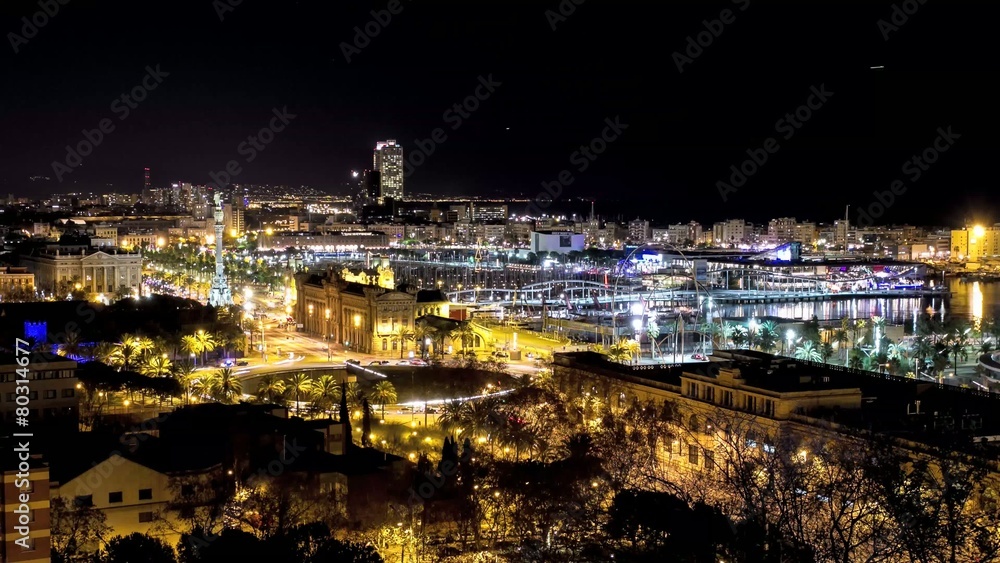 Barcelona Port Vell Marina and Colon at night Barcelona Port Vell Marina and Colon at night
