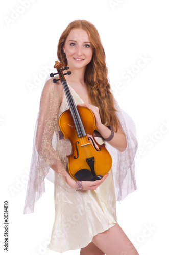 Ancient goddess with violin isolated on white