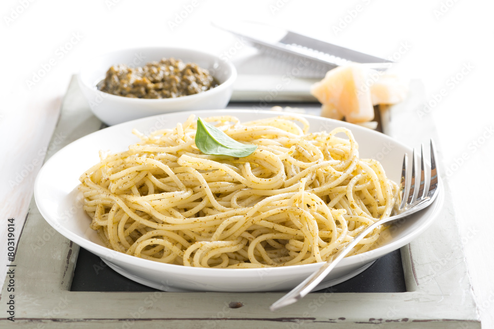 plate of spaghetti with green pesto