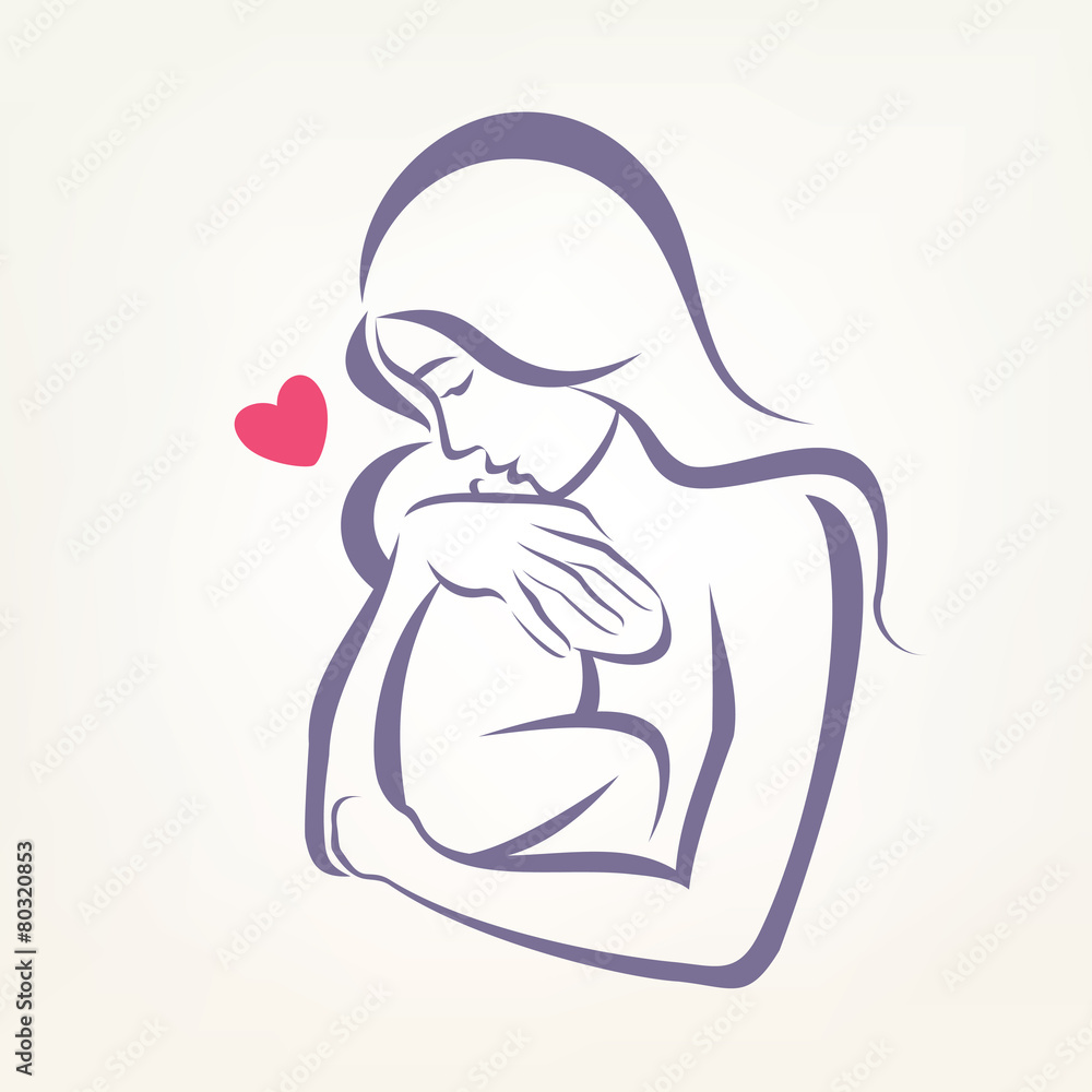 mom and baby stylized vector symbol, outlined sketch mom and baby stylized vector symbol, outlined sketch