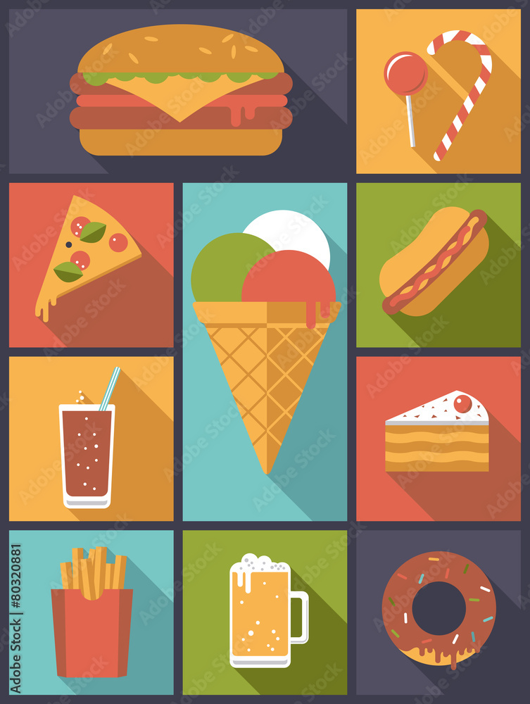 Junk Food flat icons vector illustration.