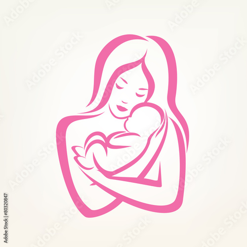 mom and baby stylized vector symbol, outlined sketch