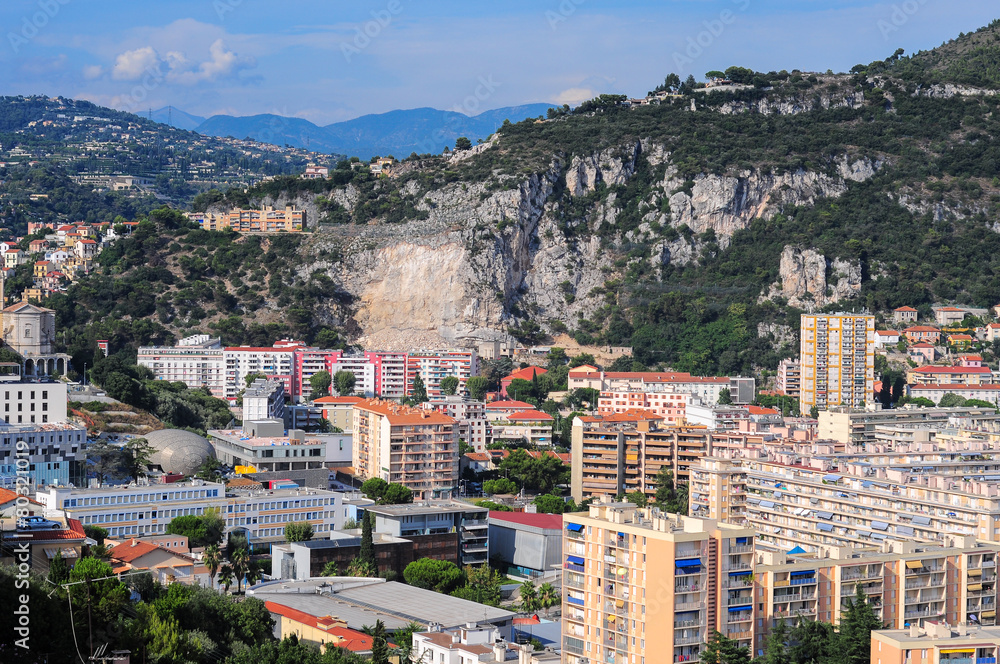 Top view on Nice, mountains, buildings, sea