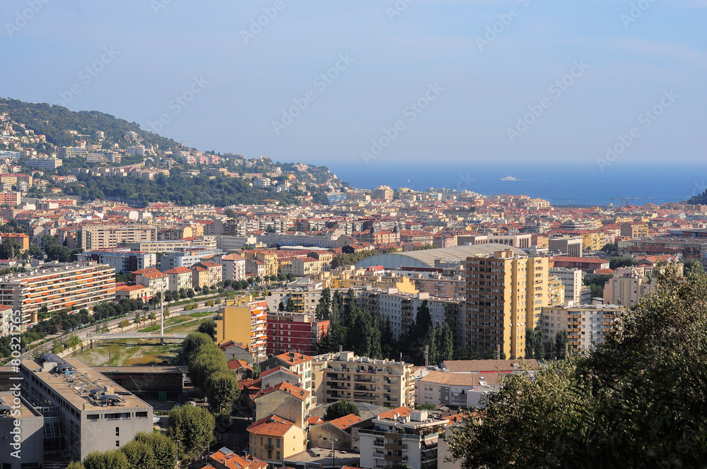 Top view on Nice, mountains, buildings, sea