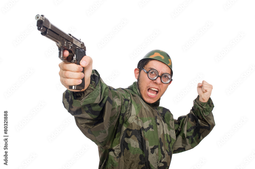Military man with a gun isolated on white Military man with a gun isolated on white