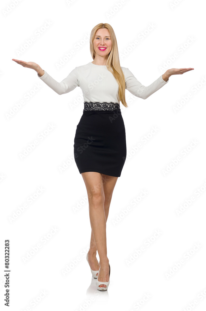Pretty woman in black and white dress isolated on white Pretty woman in black and white dress isolated on white
