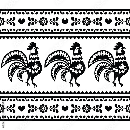 Seamless Polish monochrome folk art pattern with roosters