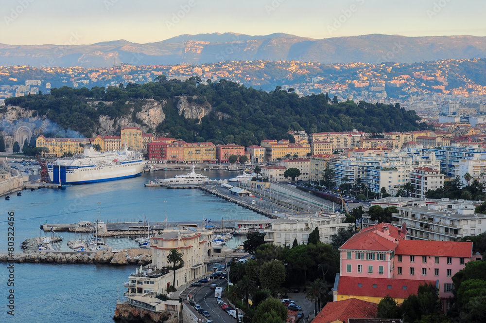 Bay of Nice with yachts and ferry