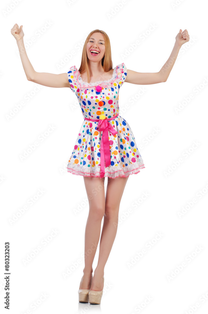 Woman in polka-dot dress isolated on white Woman in polka-dot dress isolated on white