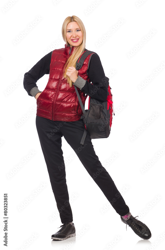 Young woman student with backpack isolated on white Young woman student with backpack isolated on white