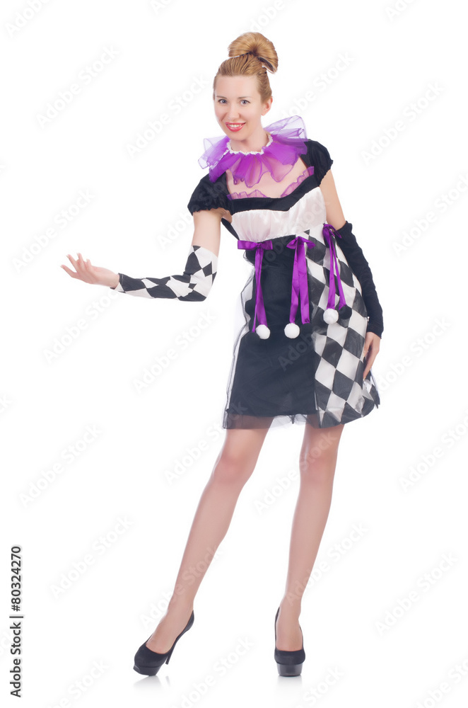 A girl in harlequin costume isolated on white A girl in harlequin costume isolated on white